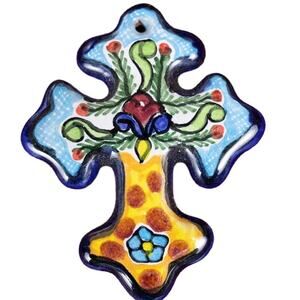 Mini Blue Glaze Terra Cotta Christian Cross Wall Art